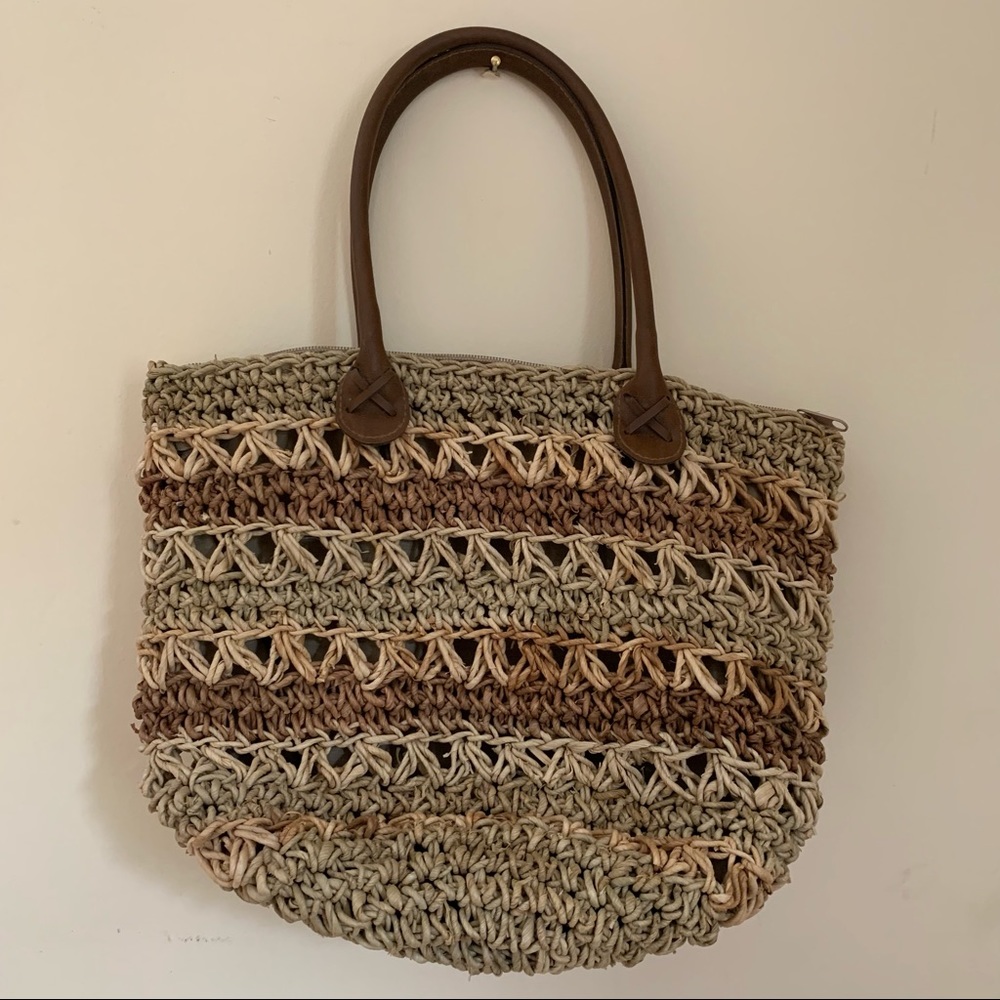 Vintage Striped Straw Hobo Bucket Tote Bag - Picture 2 of 12